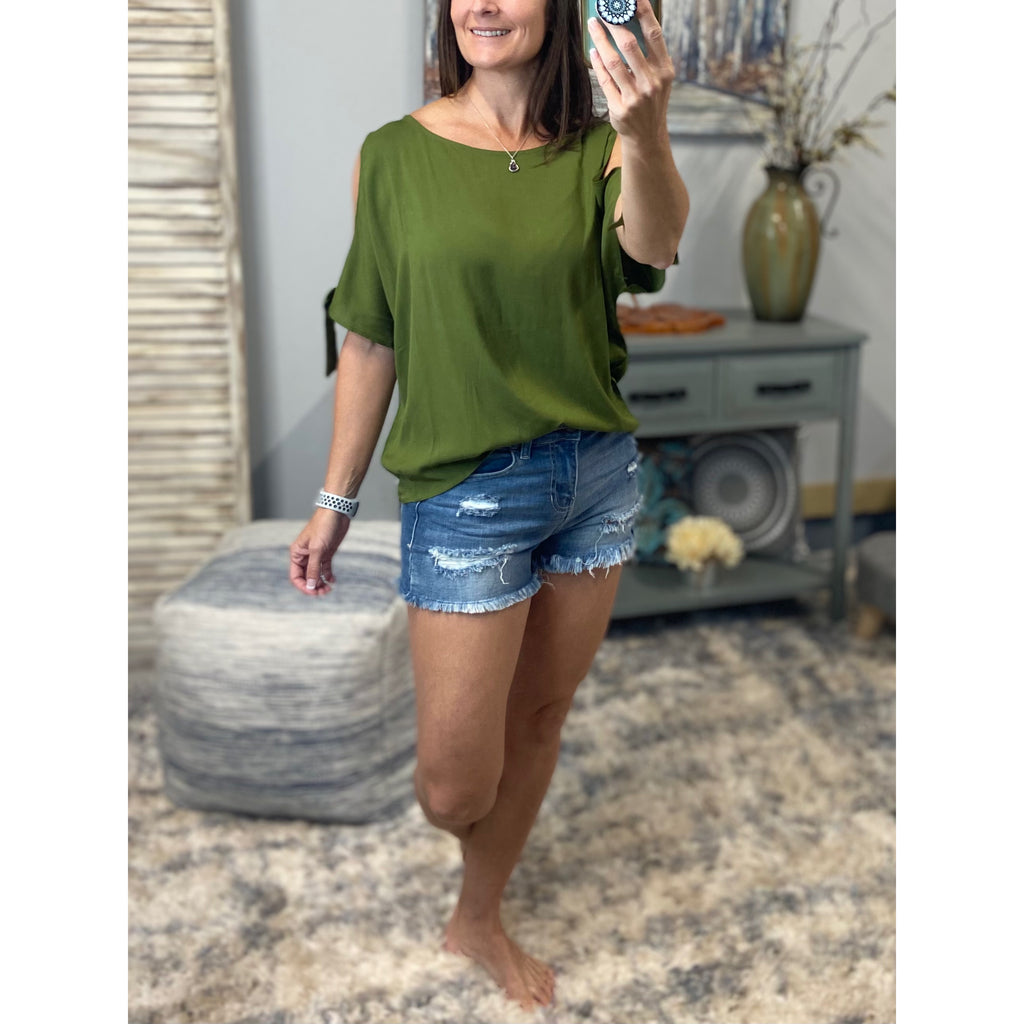 Very Sexy Scoop Neck Cold Shoulder Cutout Dolman Tie Bow Sleeve Top Olive Green