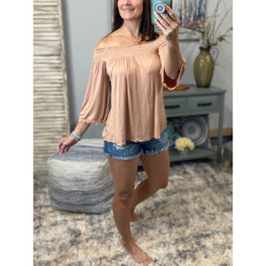 Smocked Off Shoulder Floaty Lace Trim 3/4 Sleeve Blouse Shirt Top Peach