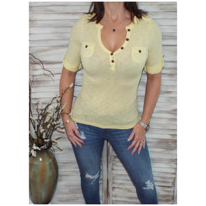 Sexy V Neck Plunge Cleavage Military Henley Pocket Cuff Sleeve Melange Top Yellow