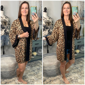 “Express Yourself” Leopard Contrast Trim Long Open Kimono Cardigan Beach Cover Up Wide Sleeve Brown