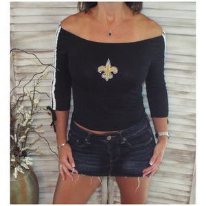 Saints Off Shoulder New Orleans Strip Tie Slv Semi Cropped Top Black